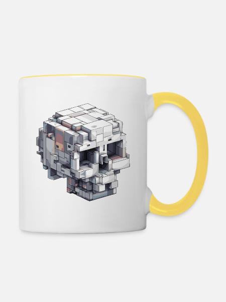 Block-Schädel Design – Digital Art Look - Tasse zweifarbig - Weiß/Gelb