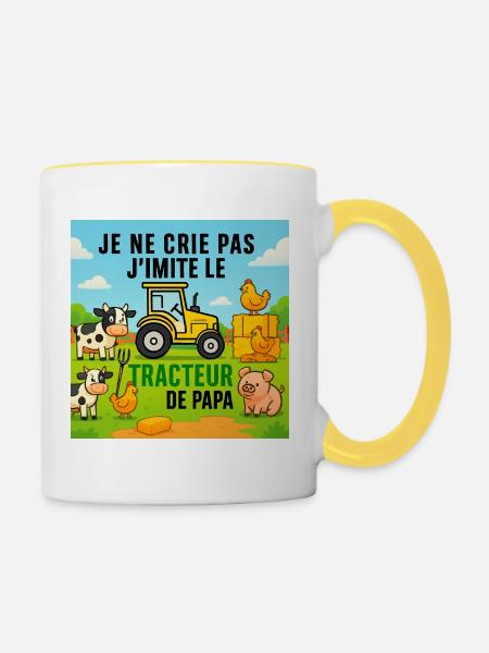 Papas Traktor und bunte Tiere - Tasse zweifarbig - Weiß/Gelb