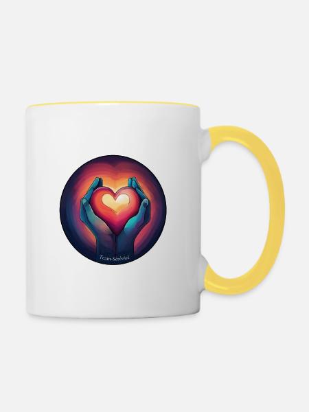 Herz in der Hand - Tasse zweifarbig - Weiß/Gelb