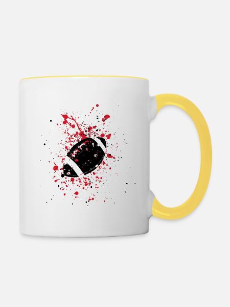 Rugbyball auf roten Spritzern - Tasse zweifarbig - Weiß/Gelb