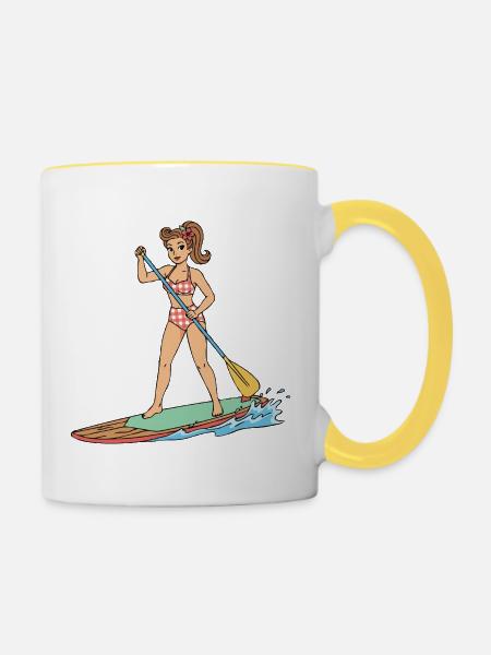 Pin-up-Girl auf Stand-Up-Paddleboard - Tasse zweifarbig - Weiß/Gelb