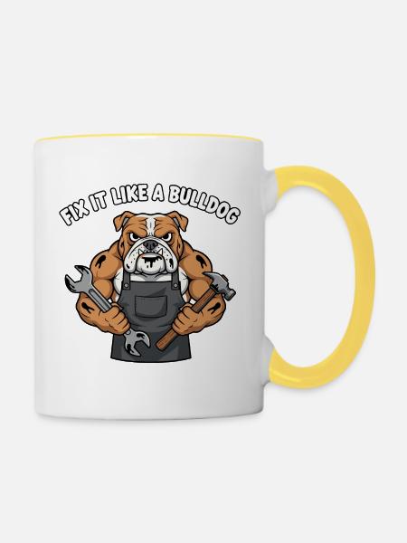 Bulldog Reparaturheld Shirtdesign - Tasse zweifarbig - Weiß/Gelb