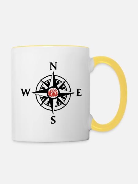 Kompassrose und Natur (Schwarz) - Tasse zweifarbig - Weiß/Gelb