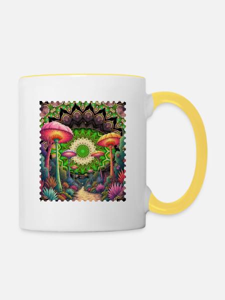 Psychedelische Pilzlandschaft Mandala - Tasse zweifarbig - Weiß/Gelb