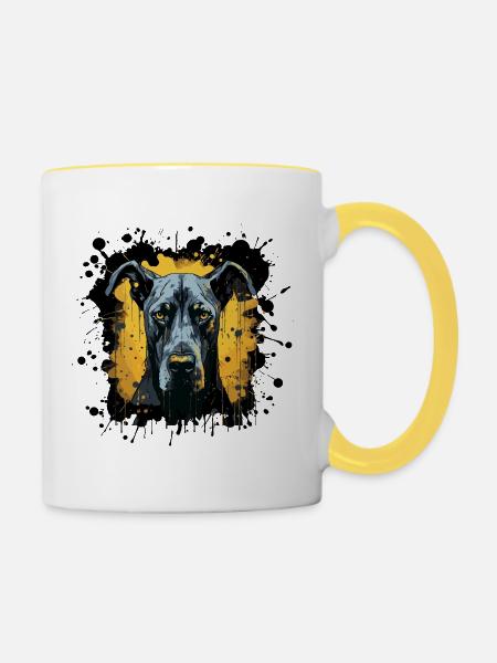 Blaues Hundeporträt mit Farbspritzern - Tasse zweifarbig - Weiß/Gelb