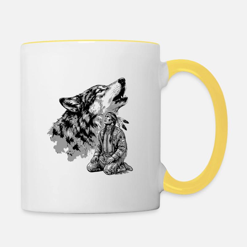 Indian warrior with howling wolf - Contrasting Mug - white/yellow