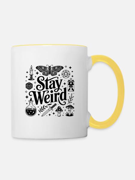 Bleib seltsam – Sternzeichen-Design - Tasse zweifarbig - Weiß/Gelb