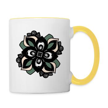 Mandala Fleur Pêche Verte - Mug contrasté - blanc/jaune - Droite