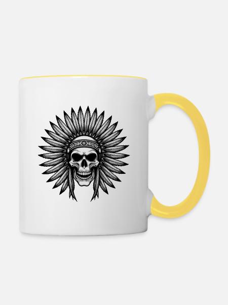 Indianer Totenkopf Krieger Federschmuck - Tasse zweifarbig - Weiß/Gelb