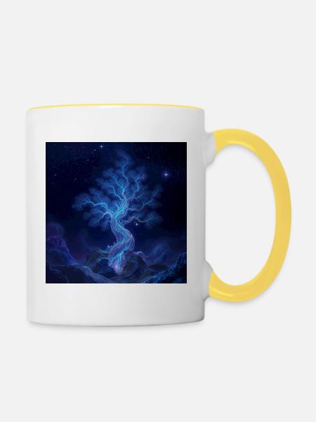 Blauer Blitzbaum Nachtkunst - Tasse zweifarbig - Weiß/Gelb