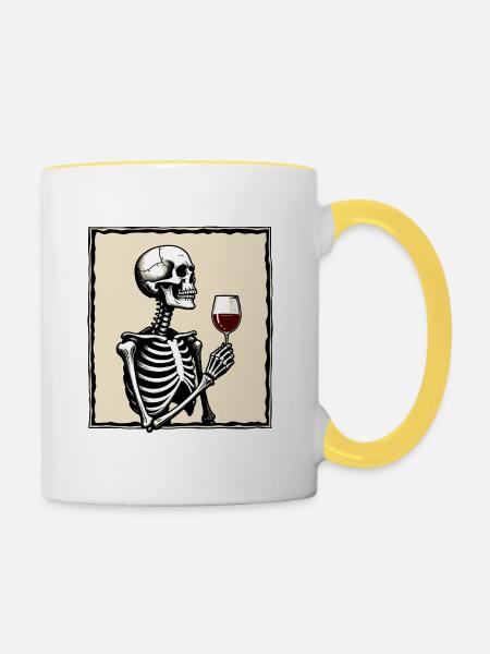Skelett mit Weinglas - Tasse zweifarbig - Weiß/Gelb