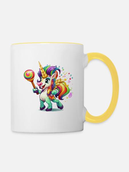 Buntes Einhorn mit Lolly - Tasse zweifarbig - Weiß/Gelb
