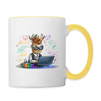 Höllischer Designer am Laptop - Tasse zweifarbig - Weiß/Gelb - Rechts