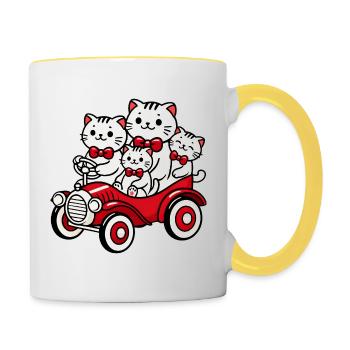 Cat Family in Vintage Red Car - Contrasting Mug - white/yellow - Right