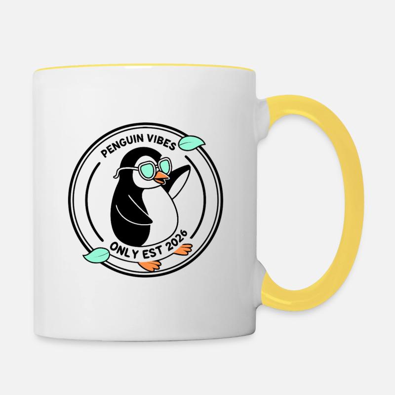 Schwarzer Pinguin in Mint-Brille 2026 - Tasse zweifarbig - Weiß/Gelb