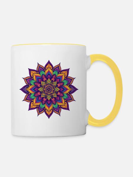Bunter psychedelischer Mandala LSD Blütenstern - Tasse zweifarbig - Weiß/Gelb