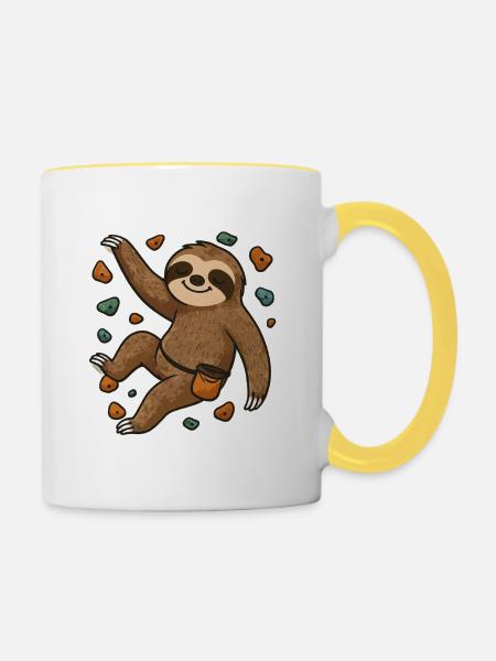 Lustiges Bouldern Shirt mit Faultier - Tasse zweifarbig - Weiß/Gelb