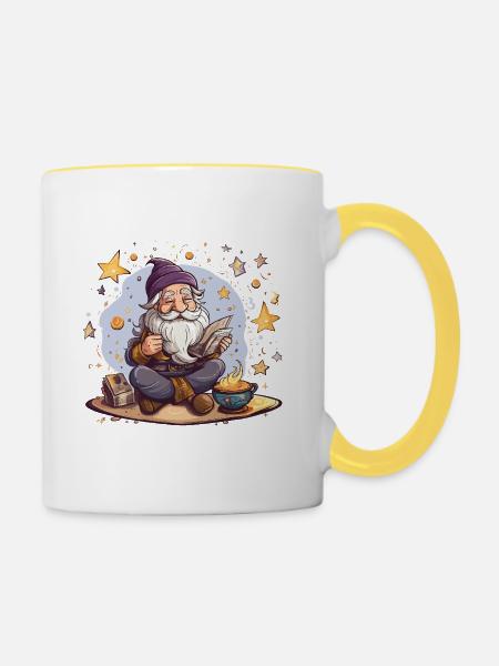 Gnom liest bei Sternenfeuer - Tasse zweifarbig - Weiß/Gelb