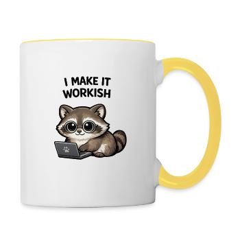 Workish raccoon on laptop - Contrasting Mug - white/yellow - Right