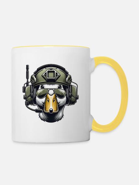 Taktische Ente mit Headset - Tasse zweifarbig - Weiß/Gelb