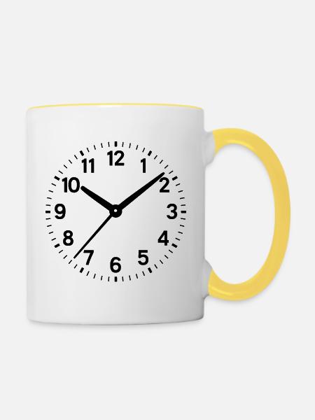 Uhr analog Ziffernblatt Ziffern Uhrzeit - Tasse zweifarbig - Weiß/Gelb