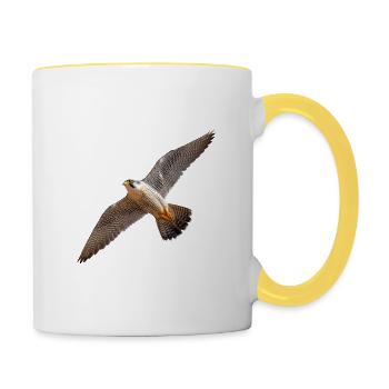 Wanderfalke im Gleitflug – Kraft & Präzision - Tasse zweifarbig - Weiß/Gelb - Rechts