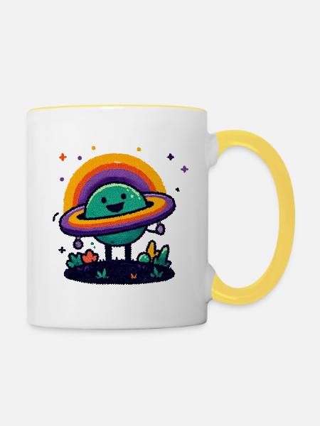 Bunter Planet mit Ring - Tasse zweifarbig - Weiß/Gelb