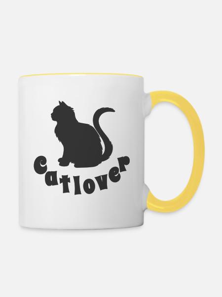 Katzenliebe Silhouette mit Text - Tasse zweifarbig - Weiß/Gelb