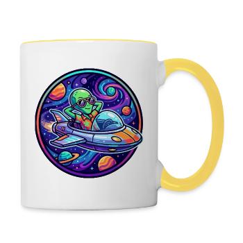 Alien in Spaceship Makes Vacation Fun Cosmos Motif - Contrasting Mug - white/yellow - Right
