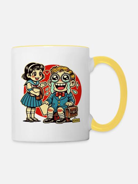 Retro Schulkinder mit Herz Hintergrund - Tasse zweifarbig - Weiß/Gelb