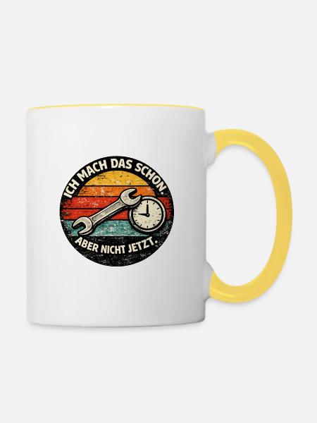 Prokrastination mit Werkzeug und Uhr - Tasse zweifarbig - Weiß/Gelb