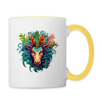 Buntes Ziegenkopf-Design mit Blättern - Tasse zweifarbig - Weiß/Gelb - Rechts
