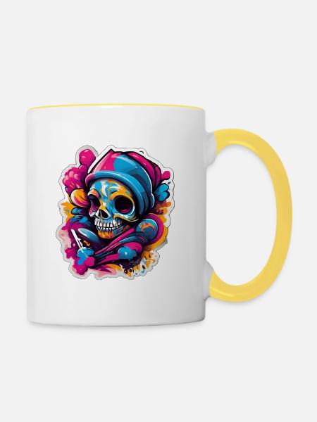 Farbenfroher Skull Street Kunstkarneval - Tasse zweifarbig - Weiß/Gelb