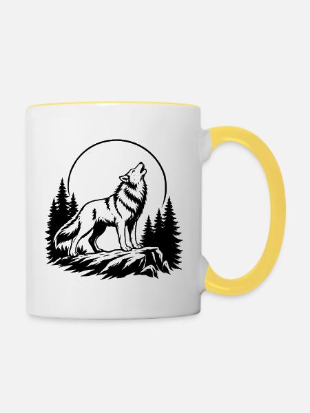 Wolf mit Vollmond - Tasse zweifarbig - Weiß/Gelb