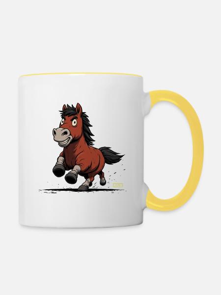 Rennendes Pony Karikatur - Tasse zweifarbig - Weiß/Gelb
