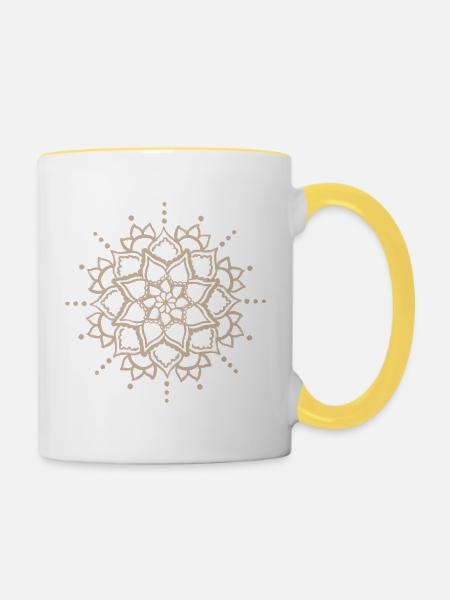 Beige Mandala-Blüte - Tasse zweifarbig - Weiß/Gelb