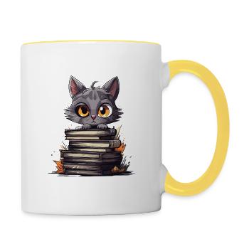 Kätzchen über Bücherstapel - Tasse zweifarbig - Weiß/Gelb - Rechts