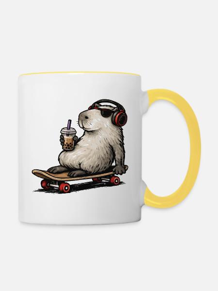Capybara Skateboard Bubble Tea - Tasse zweifarbig - Weiß/Gelb
