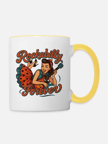 Rockabilly Forever: Rockabella mit E-Gitarre - Tasse zweifarbig - Weiß/Gelb