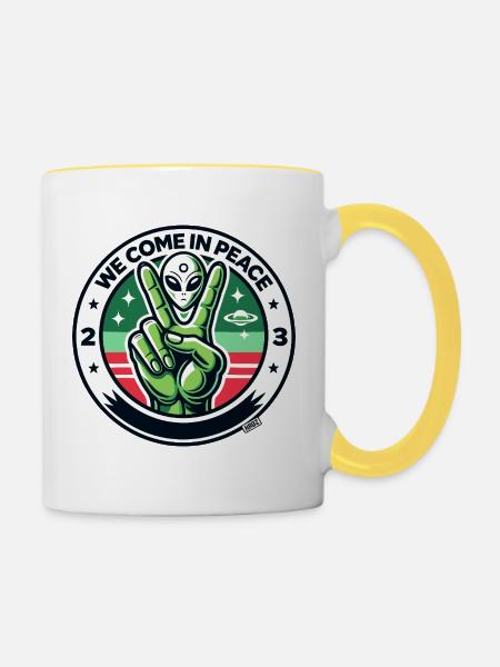 Alien-Friedenszeichen-Abzeichen - Tasse zweifarbig - Weiß/Gelb