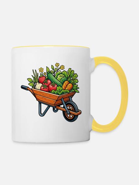 Gemüseernte im Gemüsegarten im Schubkarren - Tasse zweifarbig - Weiß/Gelb