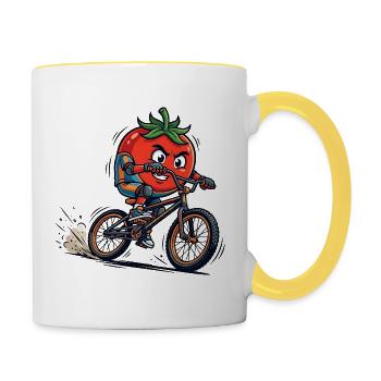 Coole Tomate BMX Fahrer Cartoon - Tasse zweifarbig - Weiß/Gelb - Rechts