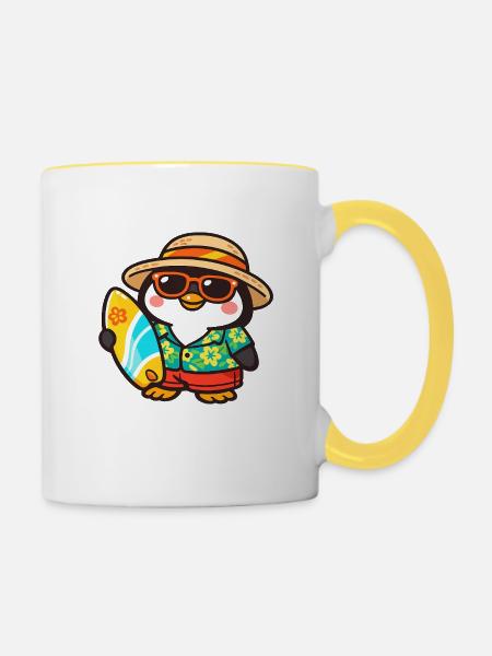 Hawaiianischer Pinguin Surf - Tasse zweifarbig - Weiß/Gelb