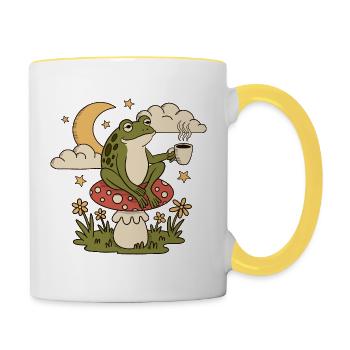 Ein Frosch mit einem Becher sitzt auf einem Pilz - Tasse zweifarbig - Weiß/Gelb - Rechts