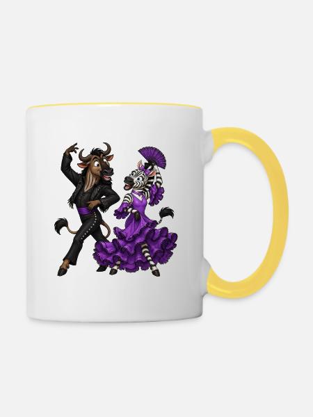 Gnu und Zebra im temperamentvollen Flamenco - Tasse zweifarbig - Weiß/Gelb