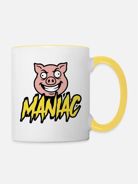 Maniac Crazy Pig Lustiges Maskottchen-Design - Tasse zweifarbig - Weiß/Gelb