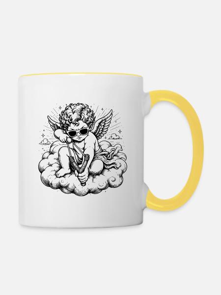 Wütender Cherub mit Steinschleuder - Tasse zweifarbig - Weiß/Gelb