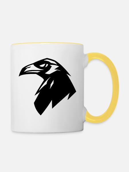 Raven, Simple Silhouette Logo - Tasse zweifarbig - Weiß/Gelb