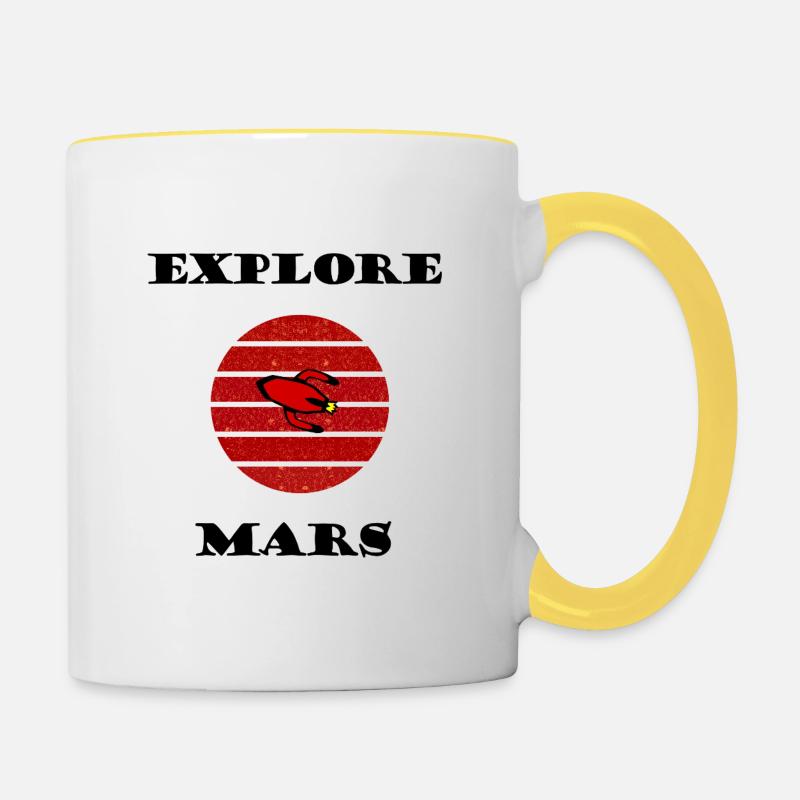 Fusée rétro dans le cercle rayé rouge - Mug contrasté - blanc/jaune