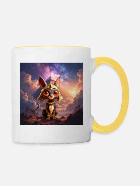 Pharao-Katze vor der Pyramide - Tasse zweifarbig - Weiß/Gelb